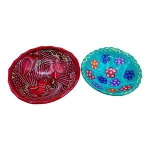 Talavera Folk Art Mexican Pottery Birds Bowl Wall Hanger LOT 2 Red & Blue